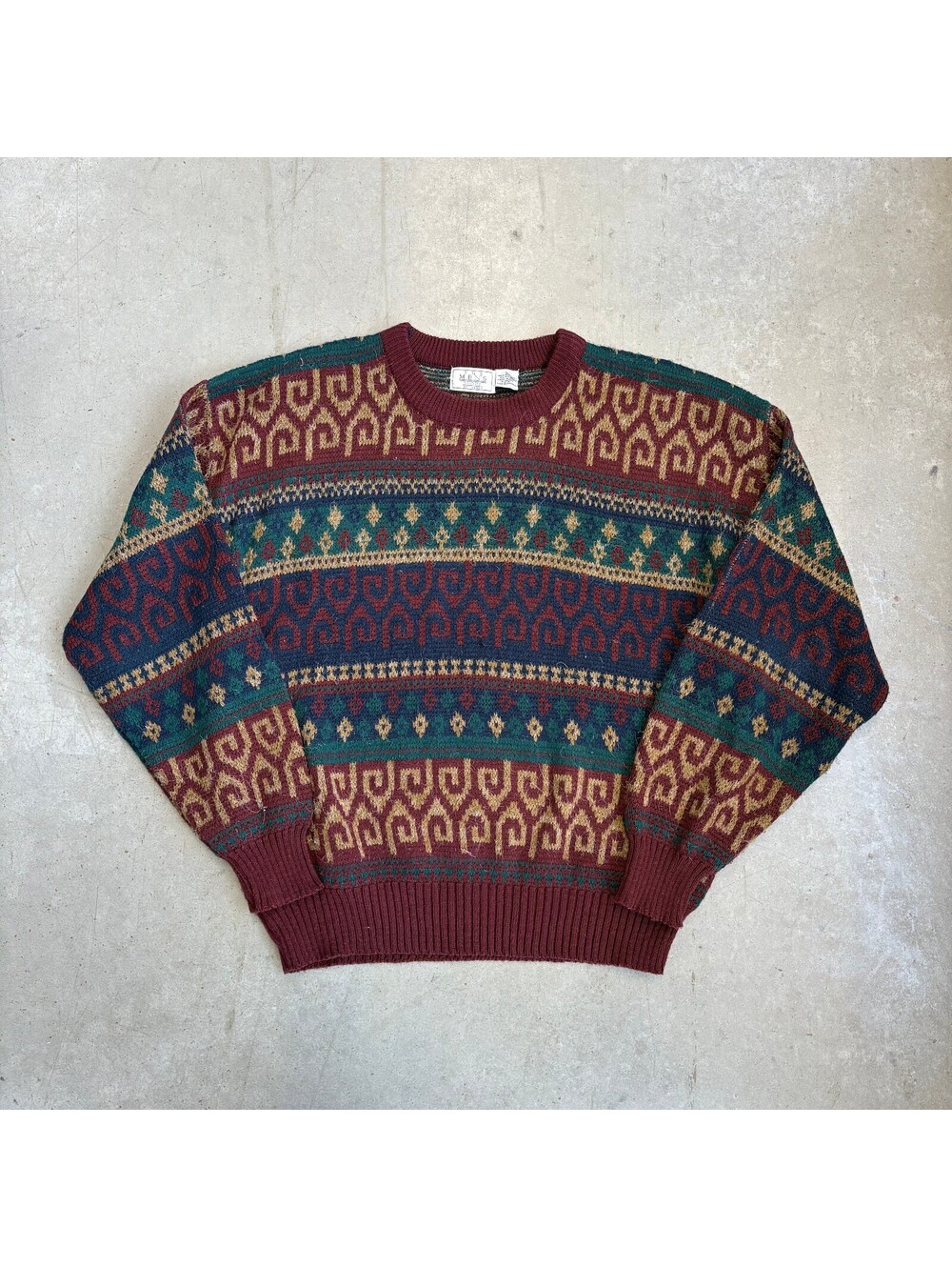 Vintage 90s Sears Striped Pattern Knit Sweater Large Burgundy